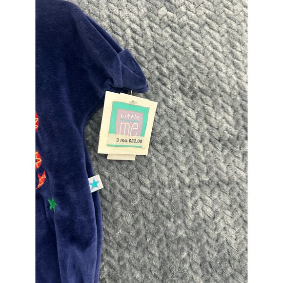 Vintage NWT Little Me Christmas Velour Romper 3m Navy Bear - Picture 2 of 8